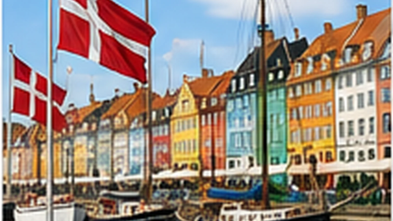 Dansk hamnmiljö med färgglada hus och båtar
